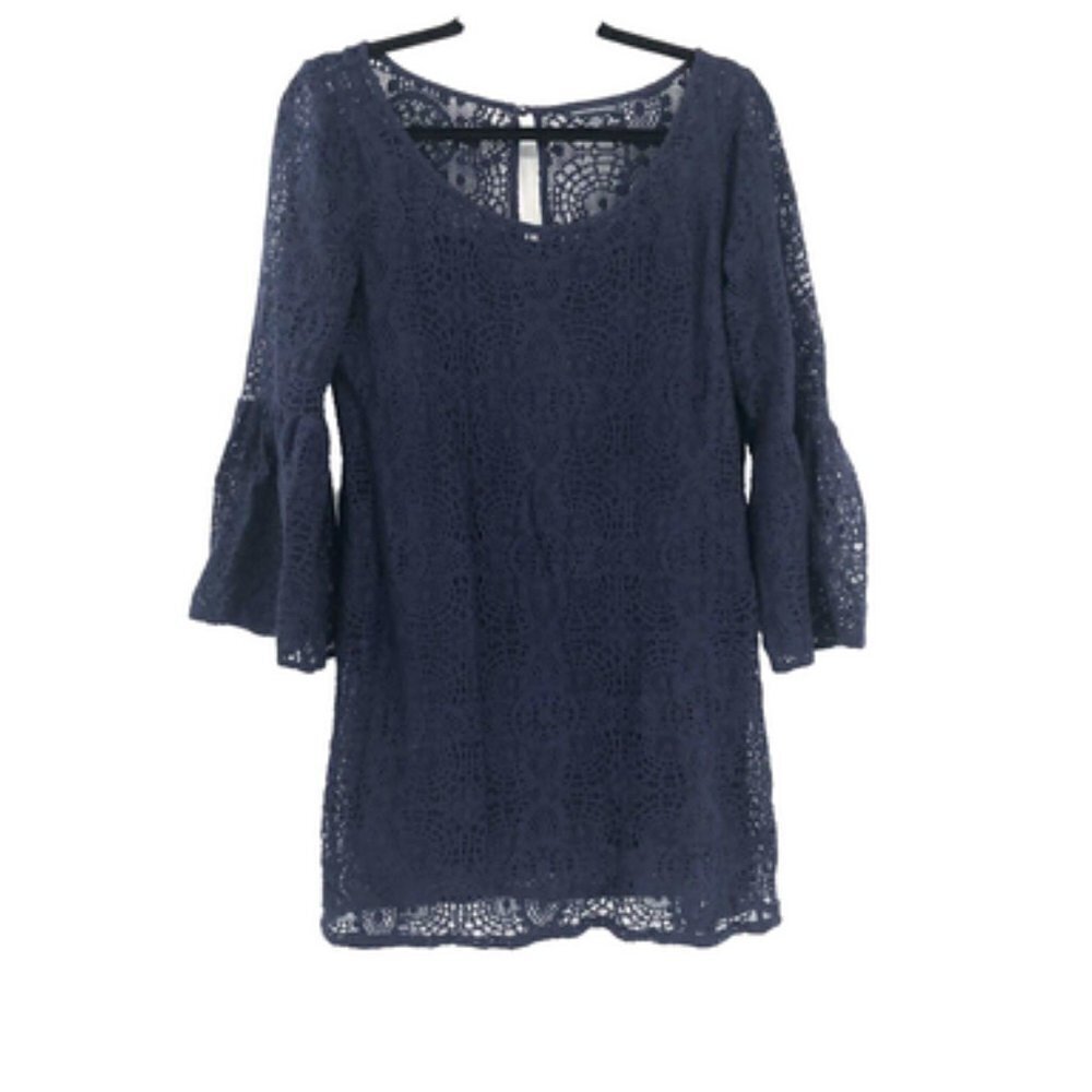 AMERICAN EAGLE Lace Crochet Dress Bell Sleeve M Navy Blue Lined Keyhole Back